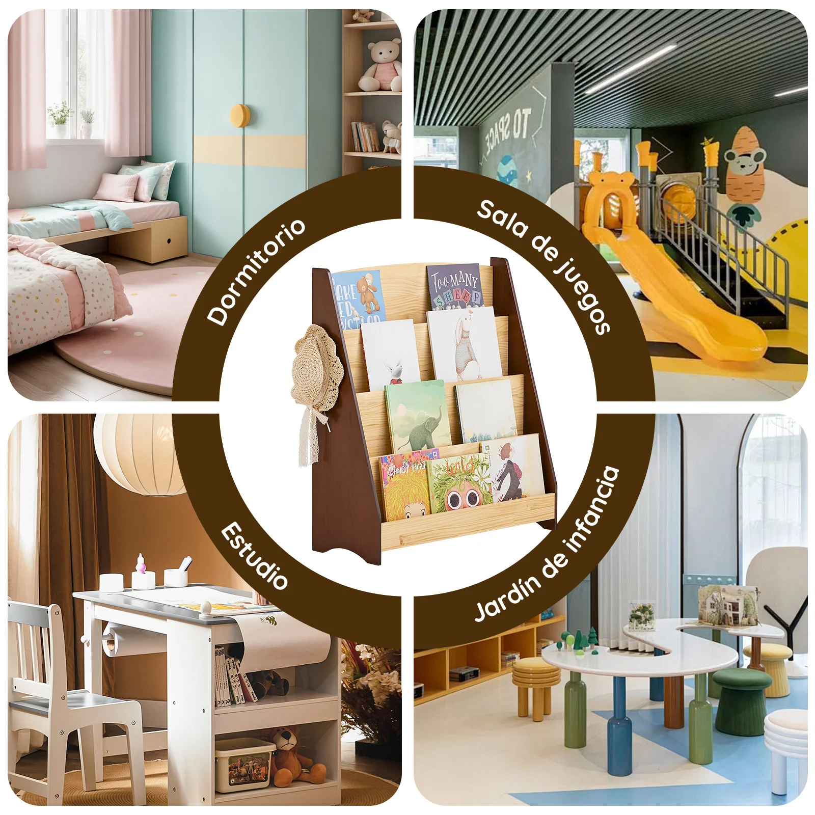 SoBuy KMB32-N Libreria Infantil con 4 Compartimentos y 2 Ganchos Marrón - Image 9