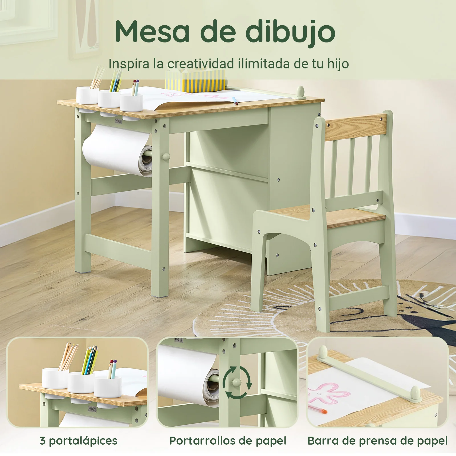 SoBuy KMB60-GR Mesa y Silla Infantil con 2 Estantes 3 portabolígrafos Verde 80x50x66cm - Image 2