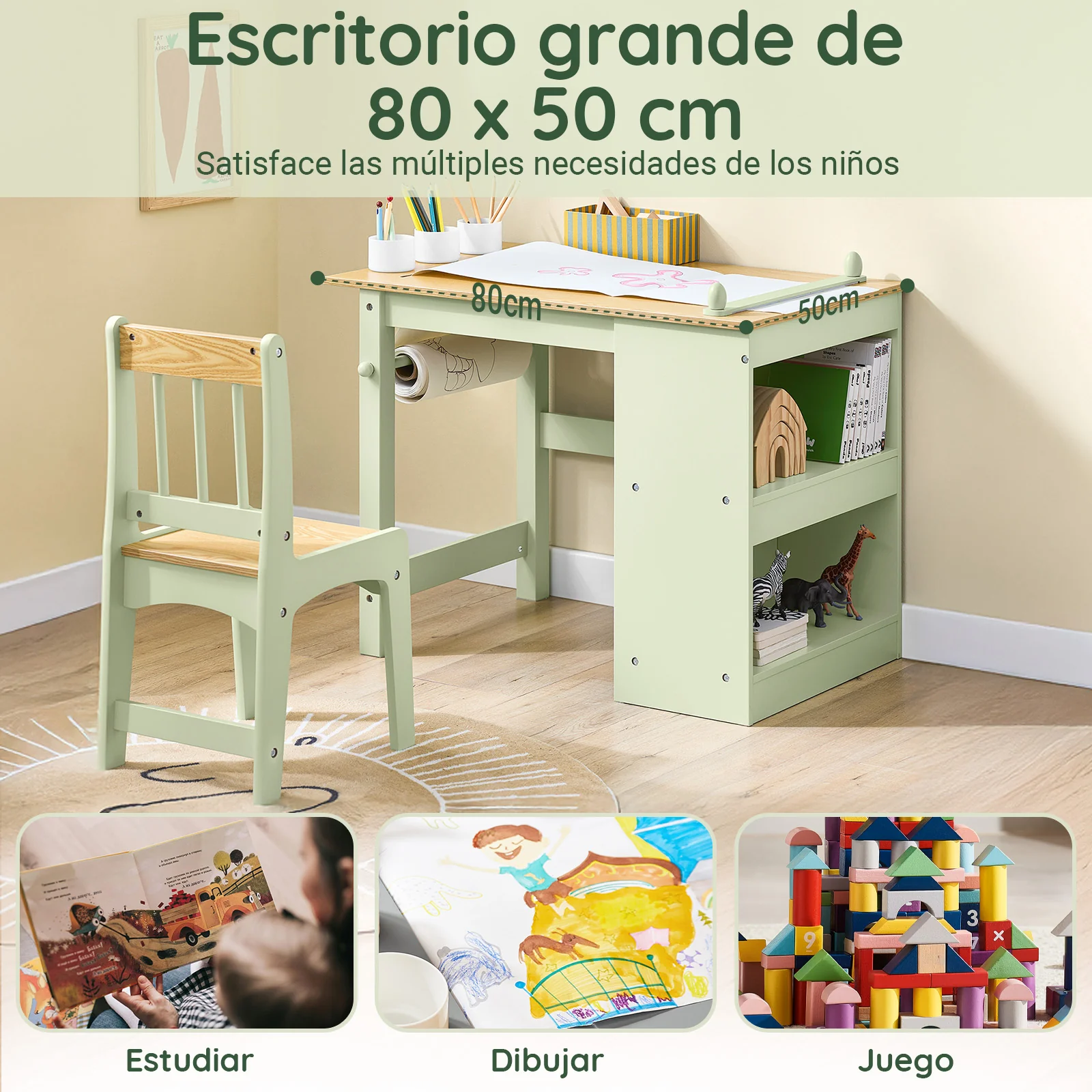 SoBuy KMB60-GR Mesa y Silla Infantil con 2 Estantes 3 portabolígrafos Verde 80x50x66cm - Image 4