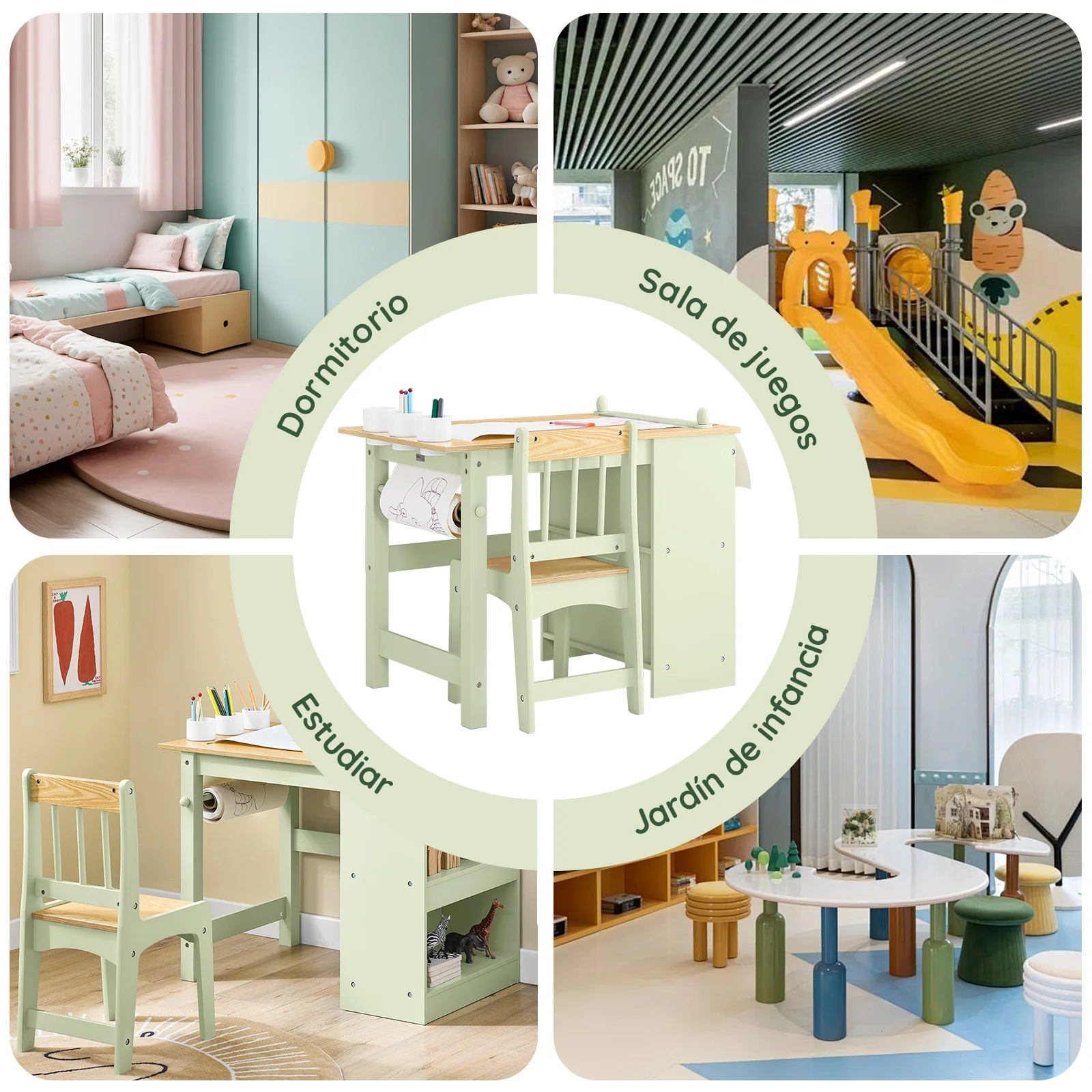 SoBuy KMB60-GR Mesa y Silla Infantil con 2 Estantes 3 portabolígrafos Verde 80x50x66cm - Image 5