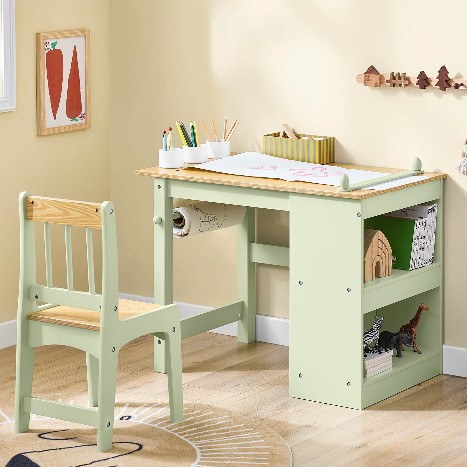 SoBuy KMB60-GR Mesa y Silla Infantil con 2 Estantes 3 portabolígrafos Verde 80x50x66cm - Image 7