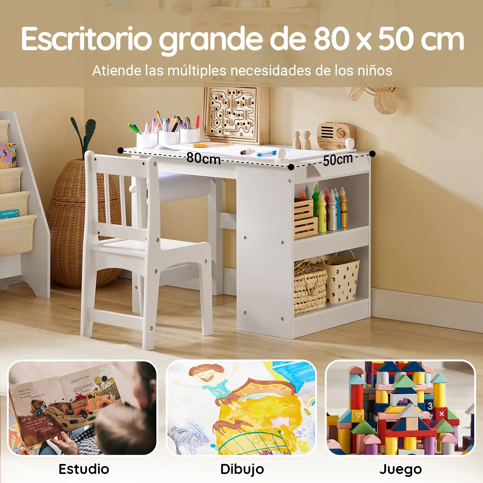SoBuy KMB60-W Juego de Mesa y Silla Infantil Escritorio Infantil con 3 Portalápices - Image 4