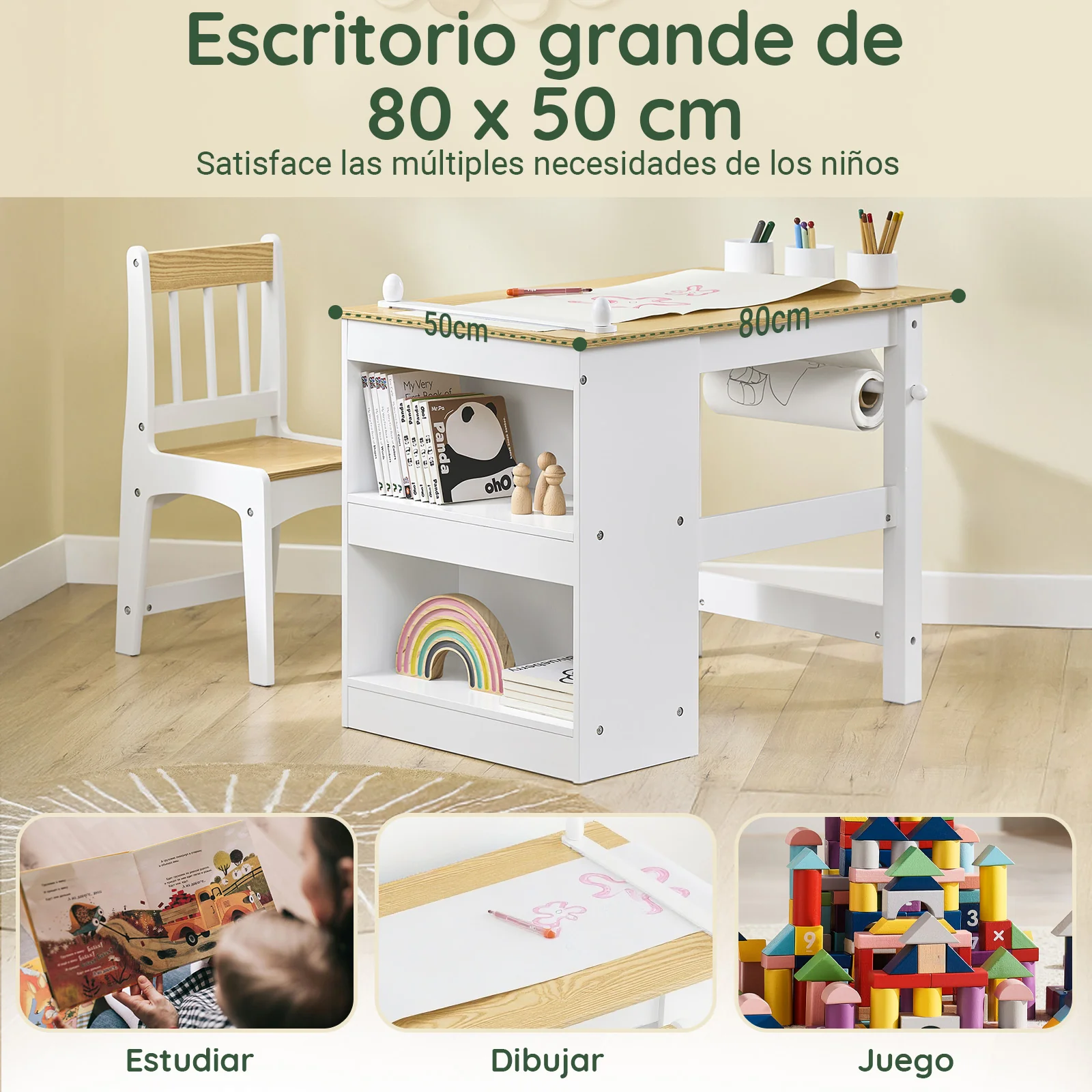 SoBuy KMB60-WN Mesa y Silla Infantil con 2 Estantes Laterales con 3 Portalápices Blanco y Natural 80x50x66cm - Image 3