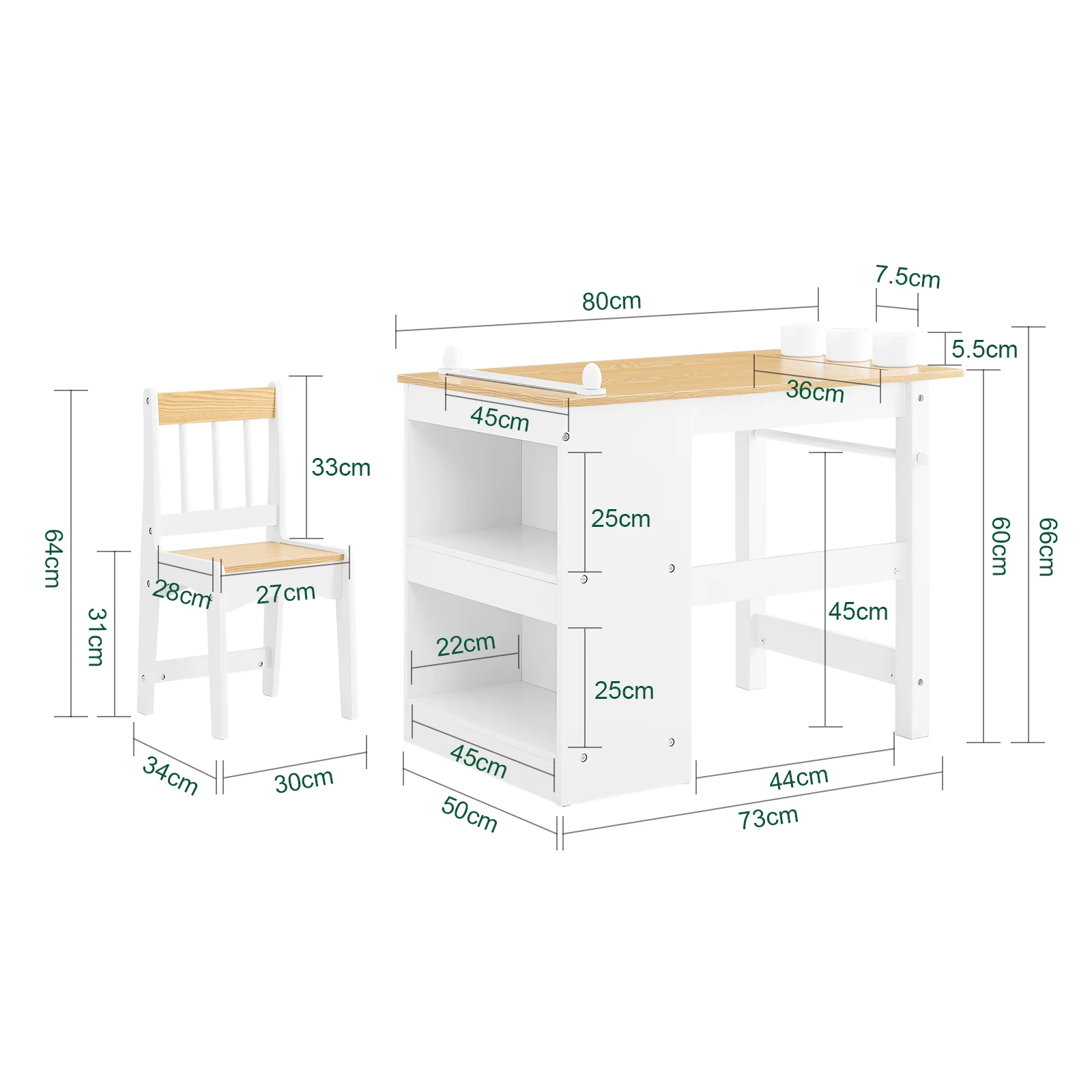 SoBuy KMB60-WN Mesa y Silla Infantil con 2 Estantes Laterales con 3 Portalápices Blanco y Natural 80x50x66cm - Image 4