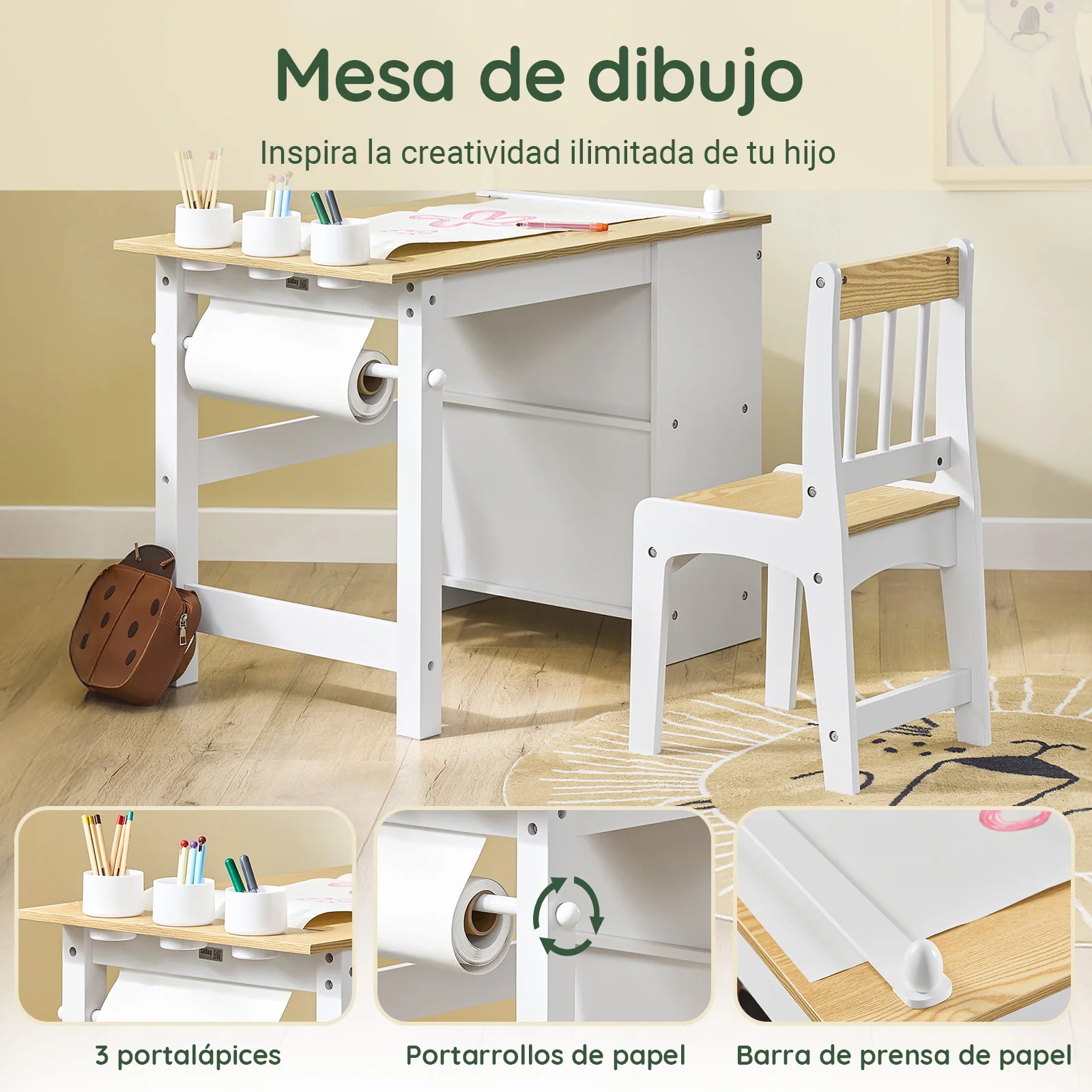 SoBuy KMB60-WN Mesa y Silla Infantil con 2 Estantes Laterales con 3 Portalápices Blanco y Natural 80x50x66cm - Image 6
