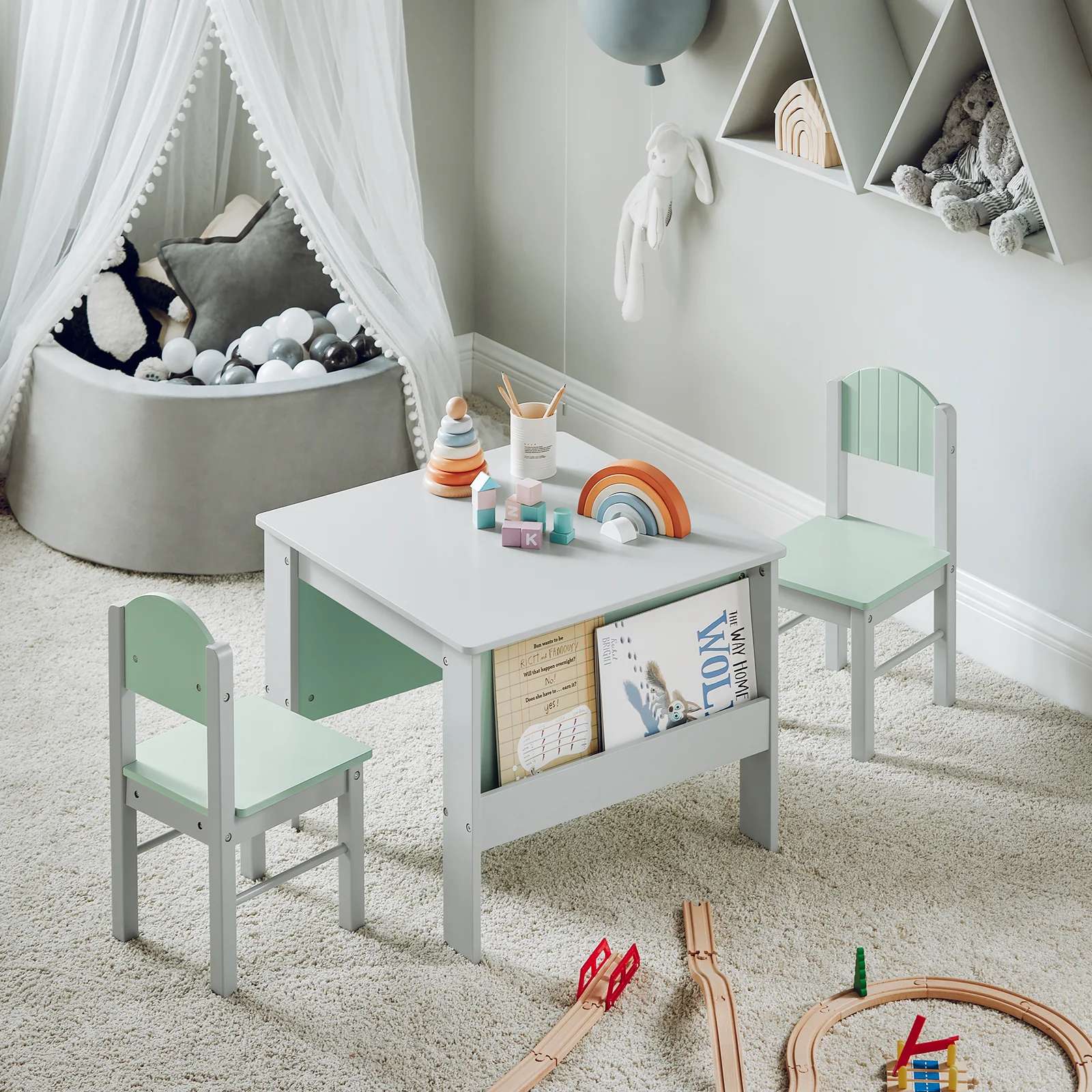 SoBuy KMB88-HG Juego de Mesa y 2 Sillas Infantil Muebles para niño Gris y Verde - Image 4