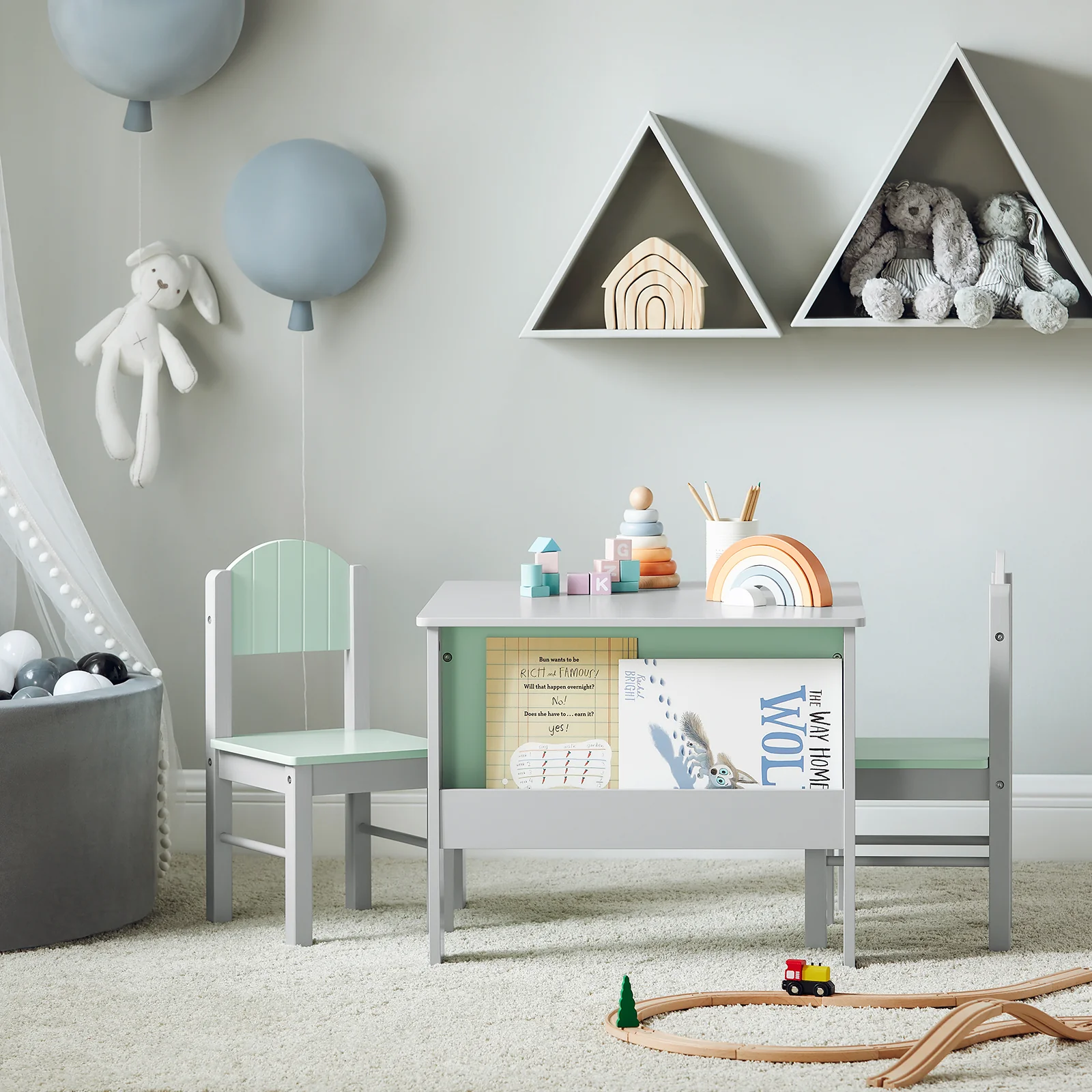 SoBuy KMB88-HG Juego de Mesa y 2 Sillas Infantil Muebles para niño Gris y Verde - Image 5