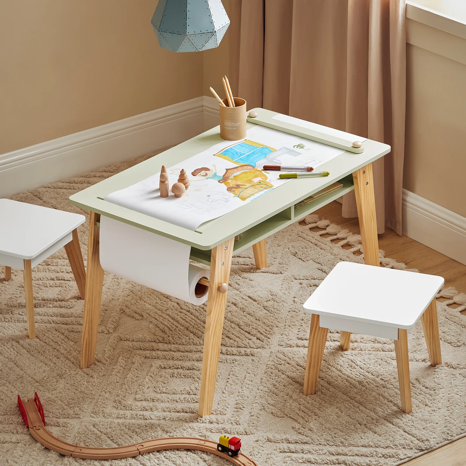 SoBuy KMB92-GR Juego de Mesa y 2 Taburetes Infantiles Verde - Image 5