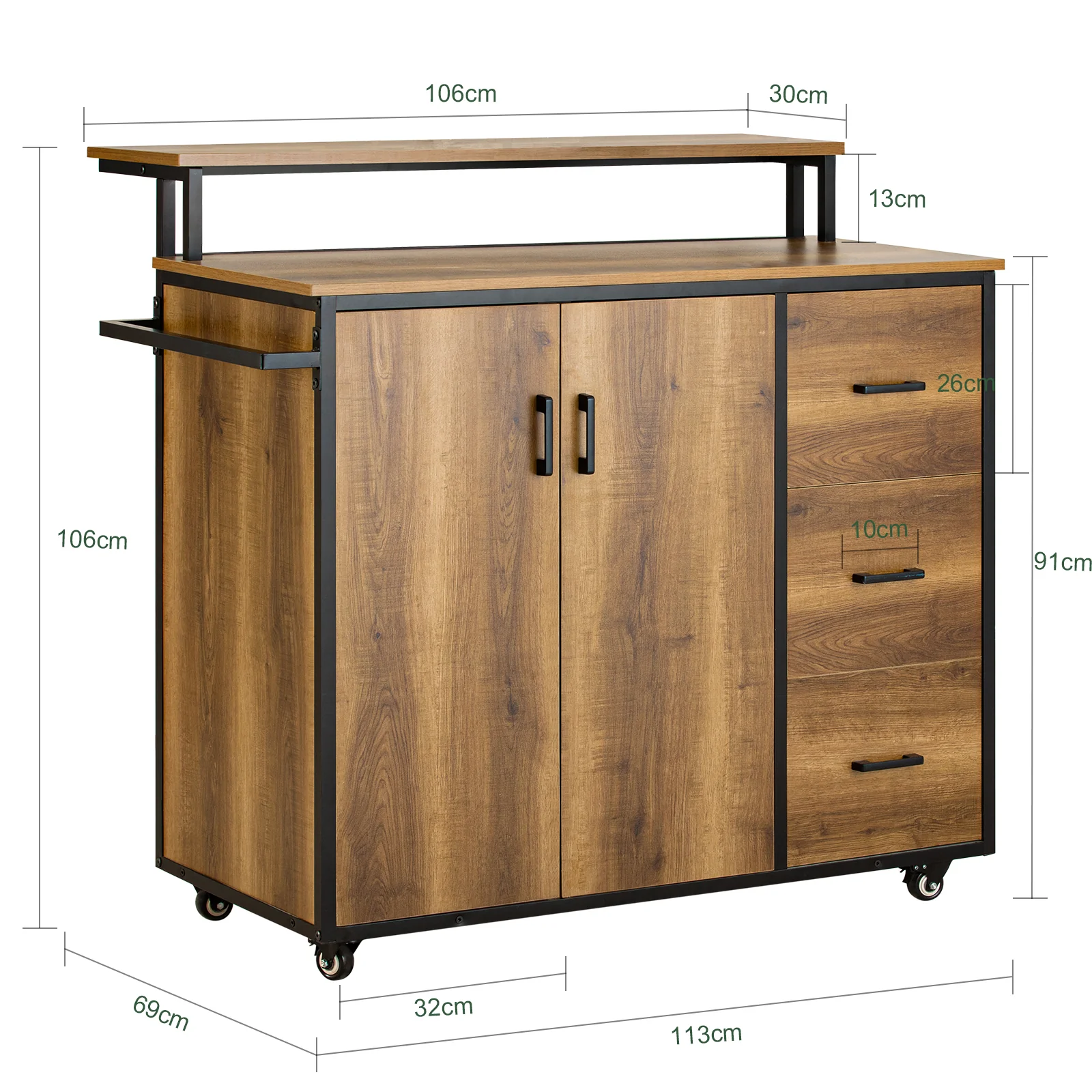 SoBuy KNL02-PF Carro de Cocina con 2 Puertas, 3 cajónes, 1 Toallero y 1 Estante Adicional - Image 3