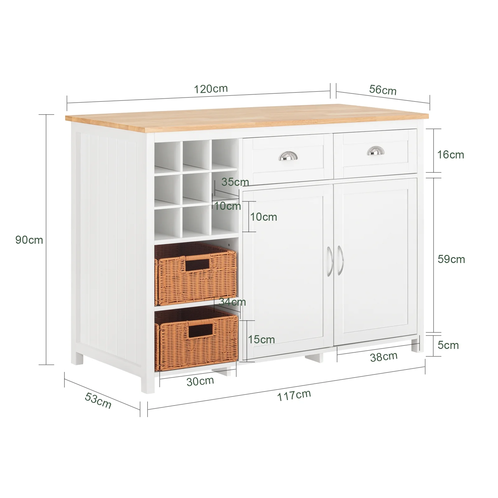 SoBuy KNL05-W Aparador de Cocina 120cm con 2 Cestas Ratán y Vinoteca Blanco - Image 3