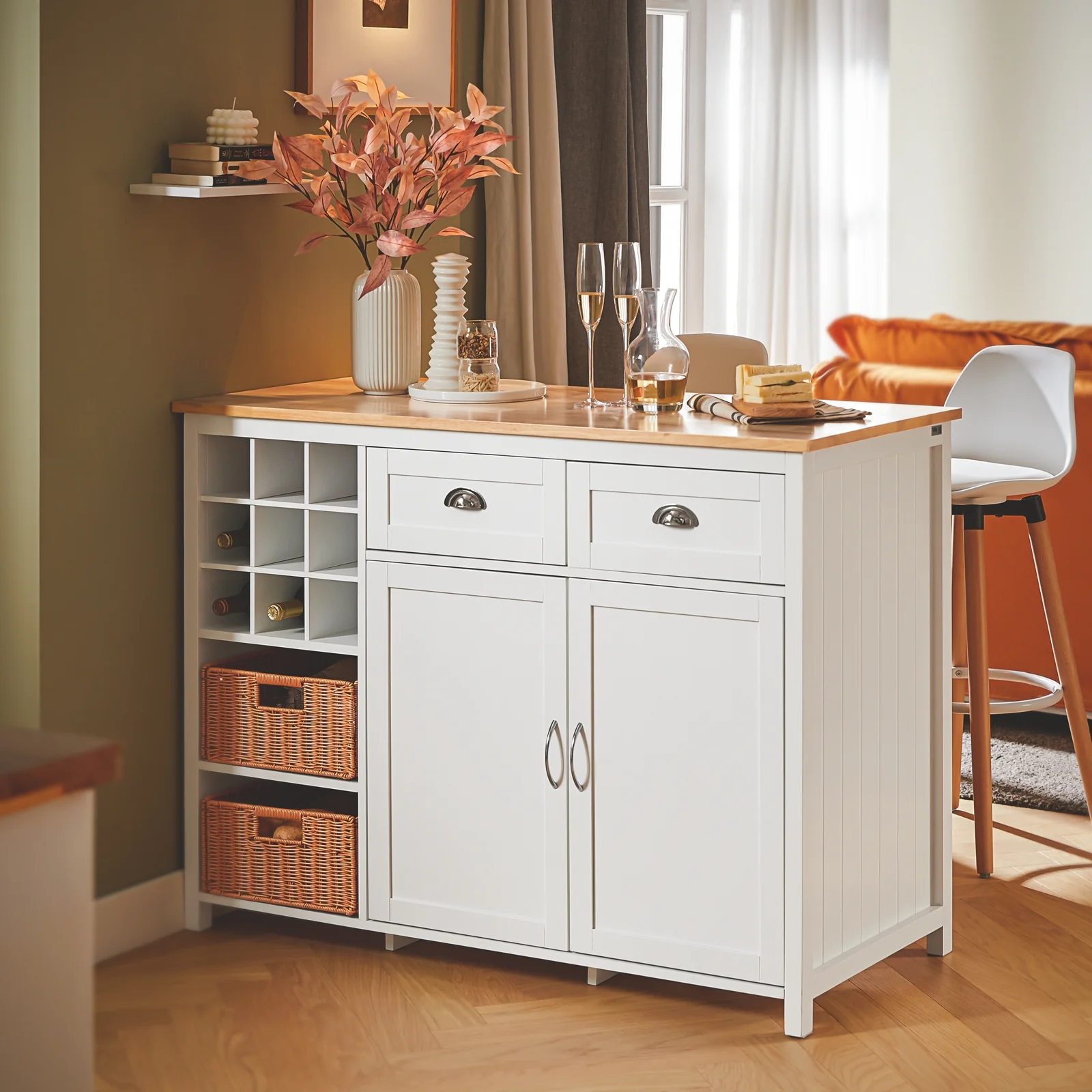 SoBuy KNL05-W Aparador de Cocina 120cm con 2 Cestas Ratán y Vinoteca Blanco - Image 4