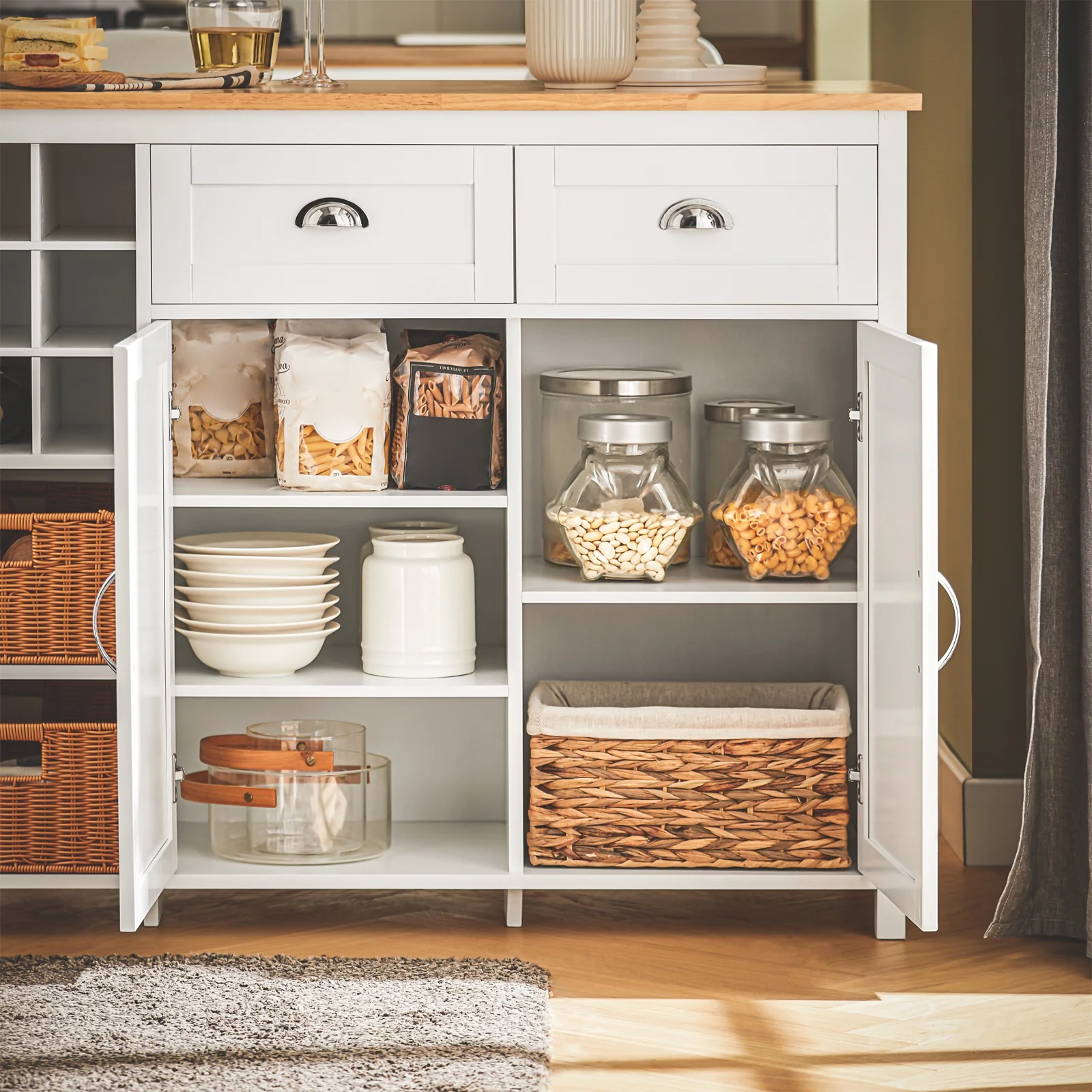 SoBuy KNL05-W Aparador de Cocina 120cm con 2 Cestas Ratán y Vinoteca Blanco - Image 6