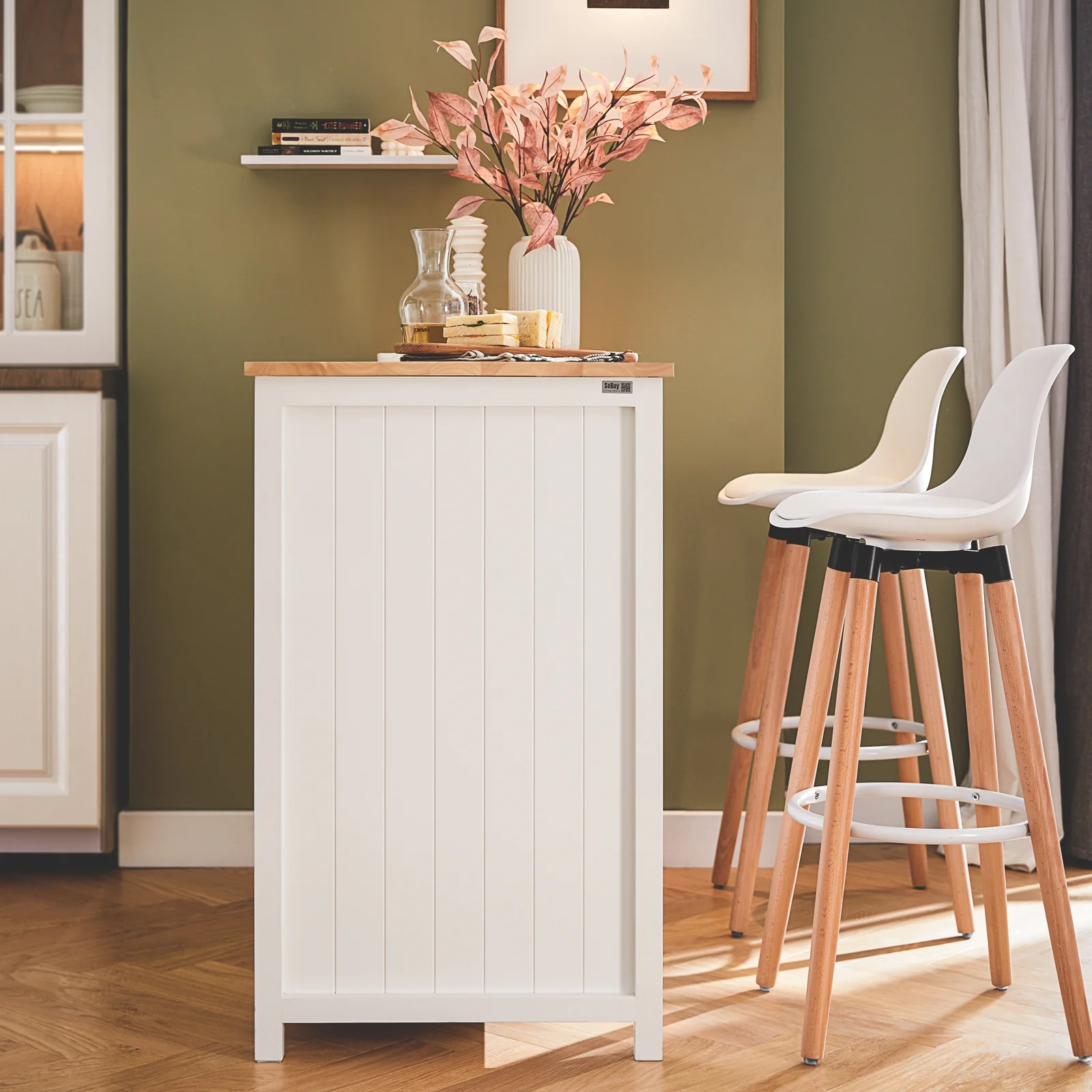 SoBuy KNL05-W Aparador de Cocina 120cm con 2 Cestas Ratán y Vinoteca Blanco - Image 9
