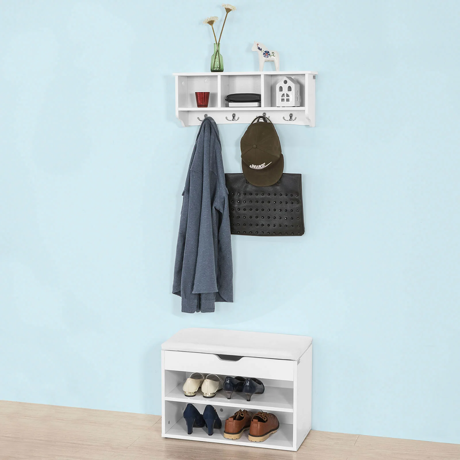 SoBuy FRG48-W  Perchero de pared con 3 compartimentos y 4 ganchos Dobles Blanco - Image 4