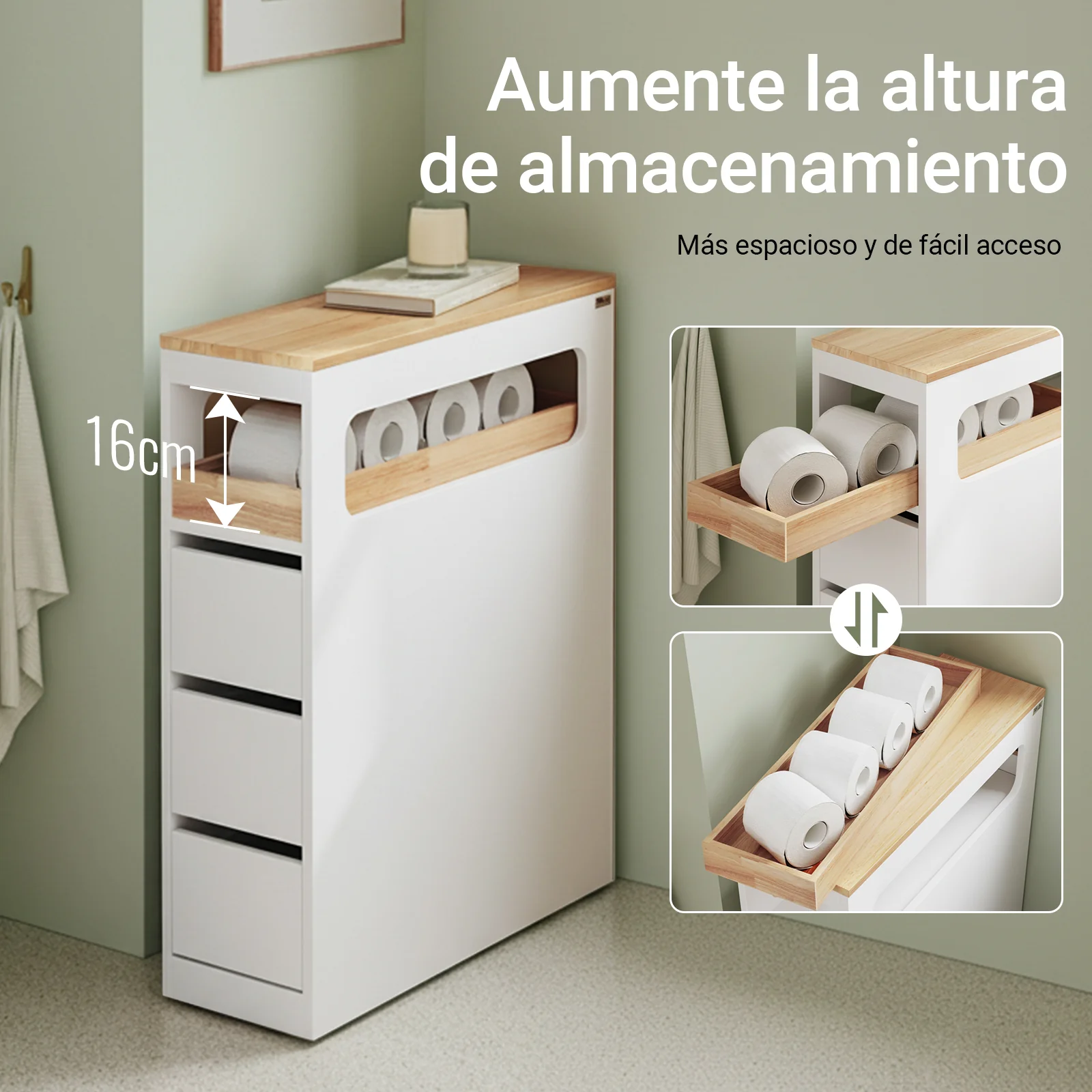 Preventa-SoBuy BZR54-II-W Carrito Estrecho con 1 Bandeja Extraíble y 3 cajones Blanco y natural - Image 5