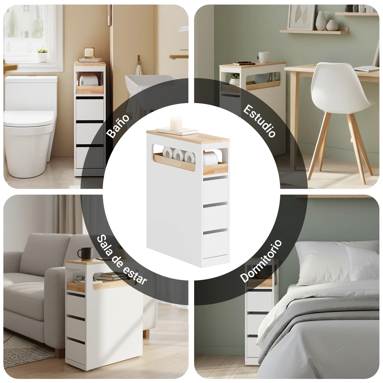 Preventa-SoBuy BZR54-II-W Carrito Estrecho con 1 Bandeja Extraíble y 3 cajones Blanco y natural - Image 6