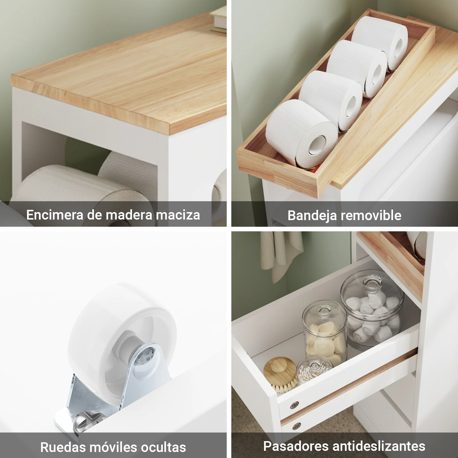 Preventa-SoBuy BZR54-II-W Carrito Estrecho con 1 Bandeja Extraíble y 3 cajones Blanco y natural - Image 7