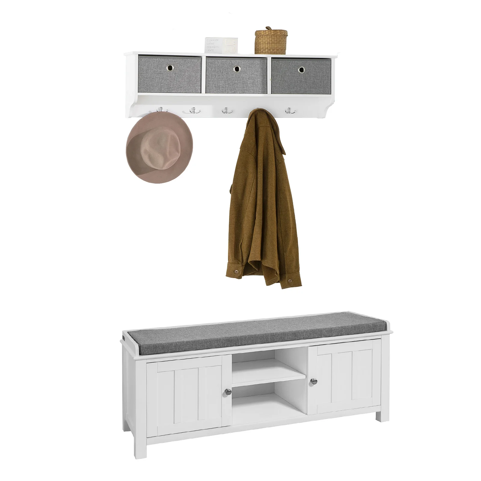 SoBuy FSR35-W+FRG282-W Mueble recibidor Zapatero con Perchero Gris+Blanco