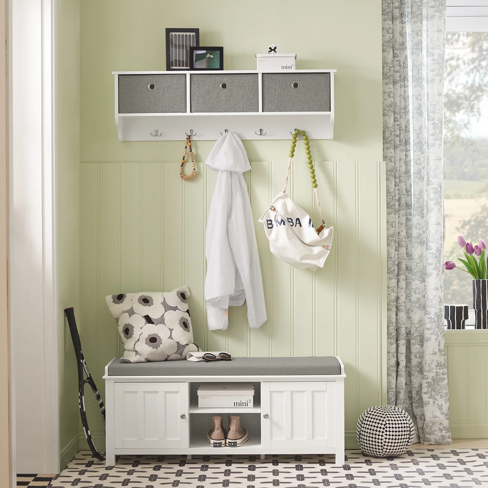 SoBuy FSR35-W+FRG282-W Mueble recibidor Zapatero con Perchero Gris+Blanco - Image 2