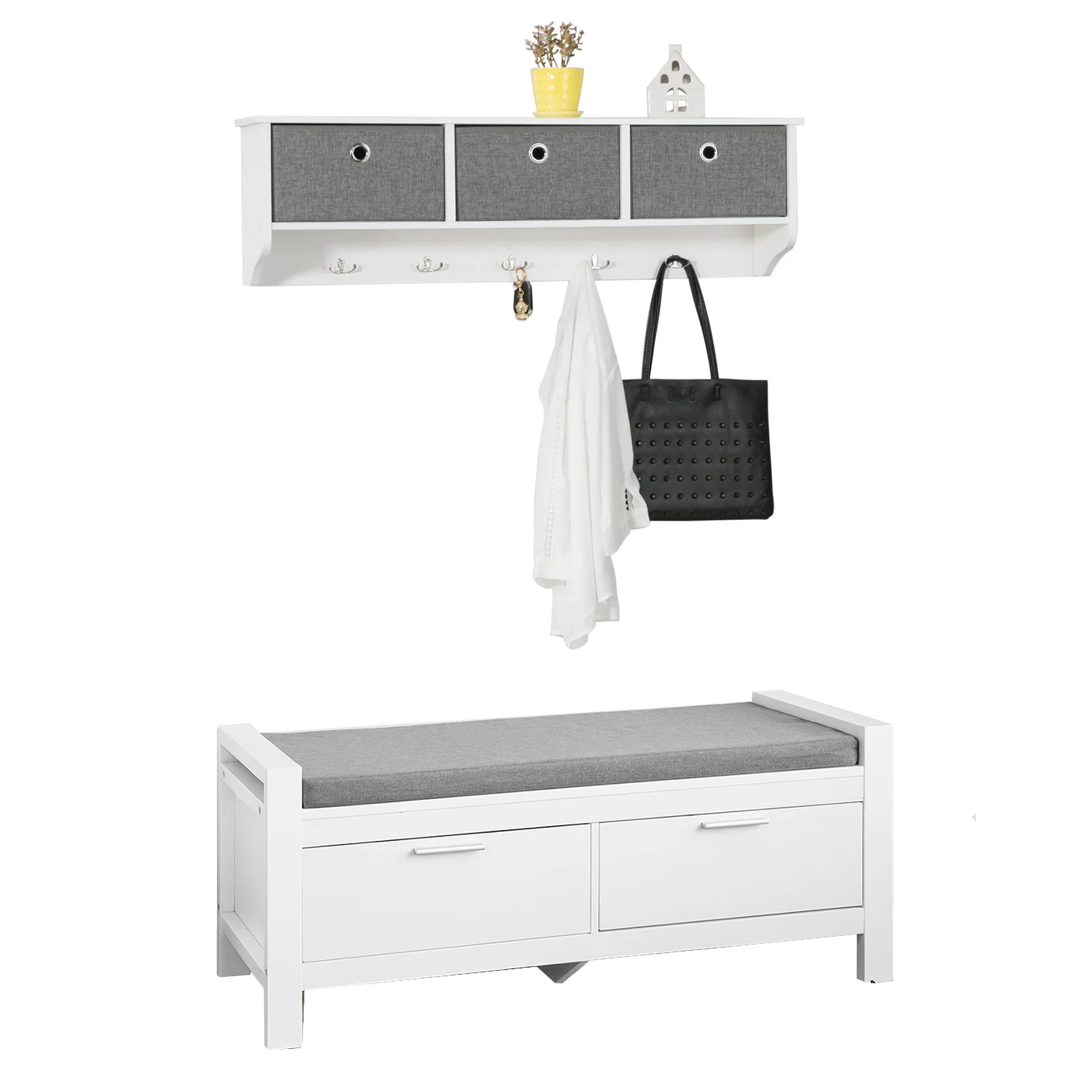 SoBuy FSR74-W+FRG282-W Mueble recibidor Zapatero con Perchero