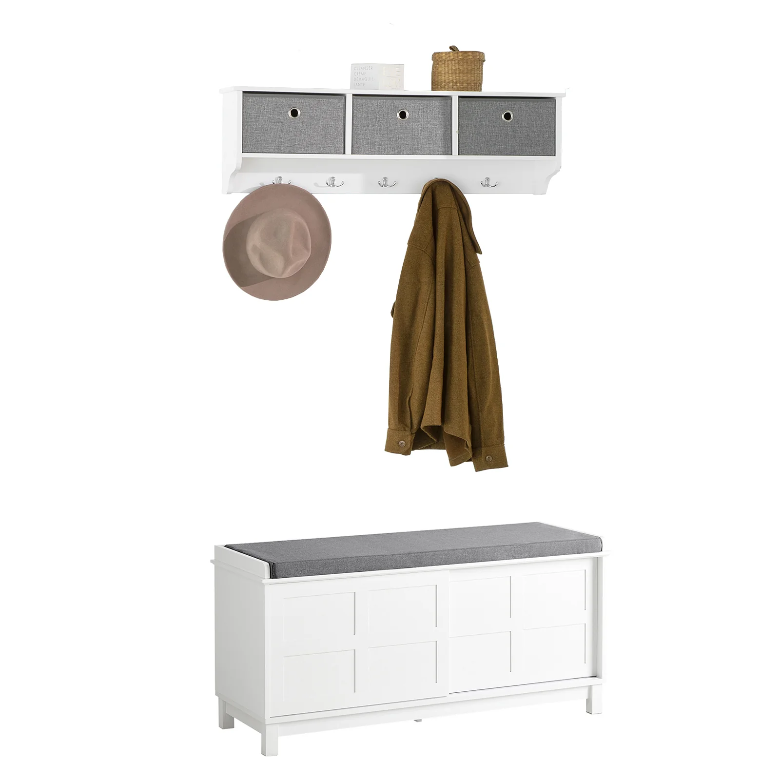 SoBuy FSR86-W+FRG282-W Mueble recibidor Zapatero con Perchero Gris+Blanco