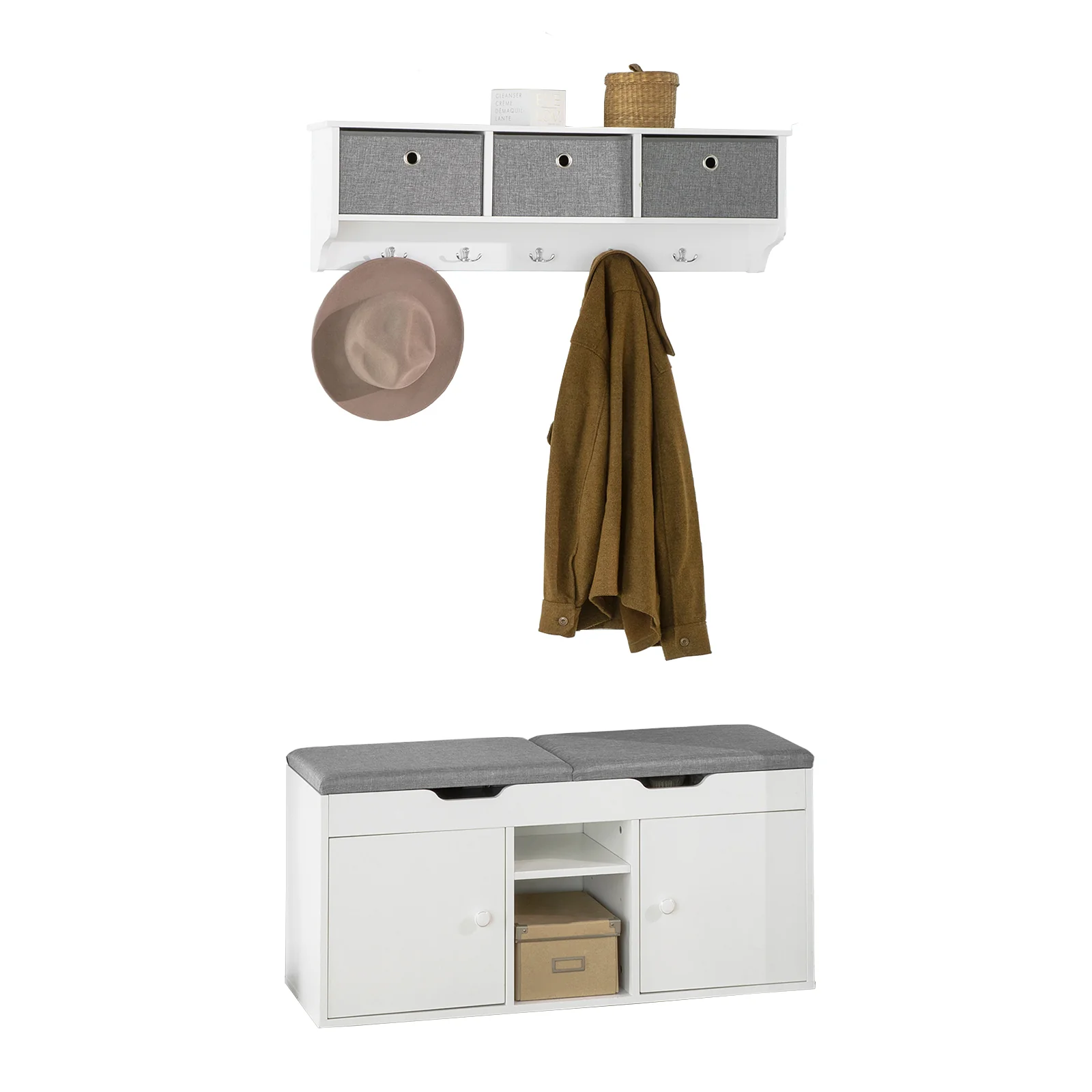 SoBuy FSR96-W+FRG282-W Mueble recibidor Zapatero con Perchero Gris+Blanco
