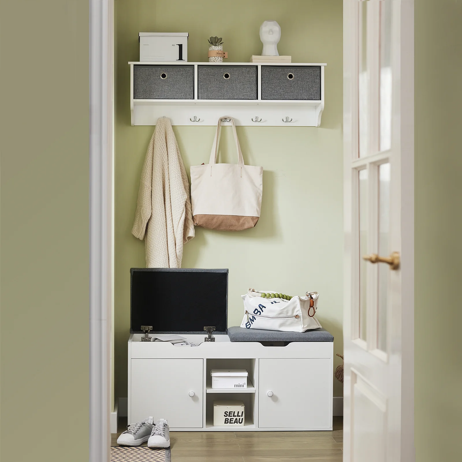 SoBuy FSR96-W+FRG282-W Mueble recibidor Zapatero con Perchero Gris+Blanco - Image 2