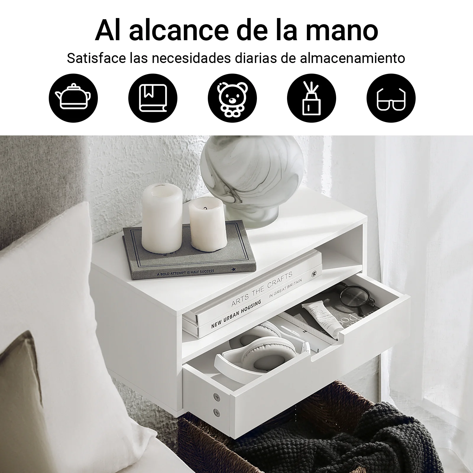 SoBuy NKD03-Wx2 Set de 2 Mesitas de noche Flotantes con 1 Cajón Blanco - Image 4