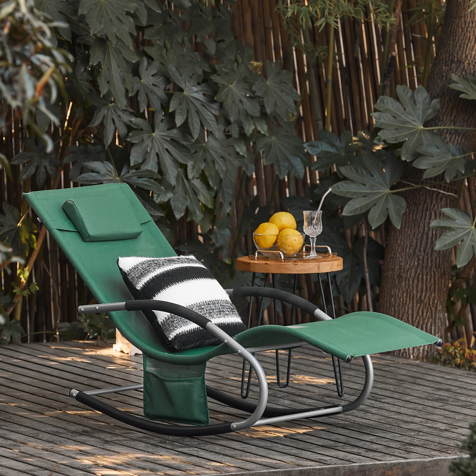 SoBuy OGS28-WD Tumbona Mecedora con Almohada y Bolsillo Color Verde Oscuro - Image 5