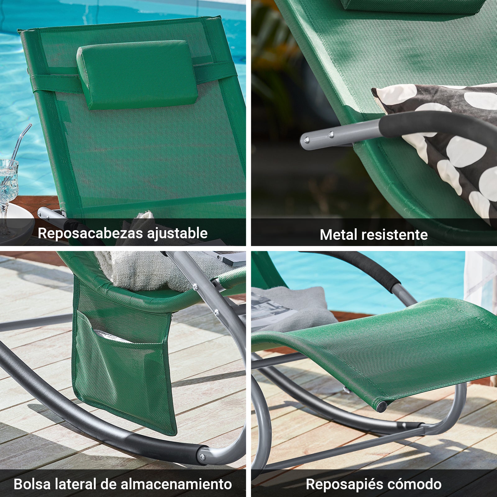 SoBuy OGS28-WD Tumbona Mecedora con Almohada y Bolsillo Color Verde Oscuro - Image 7