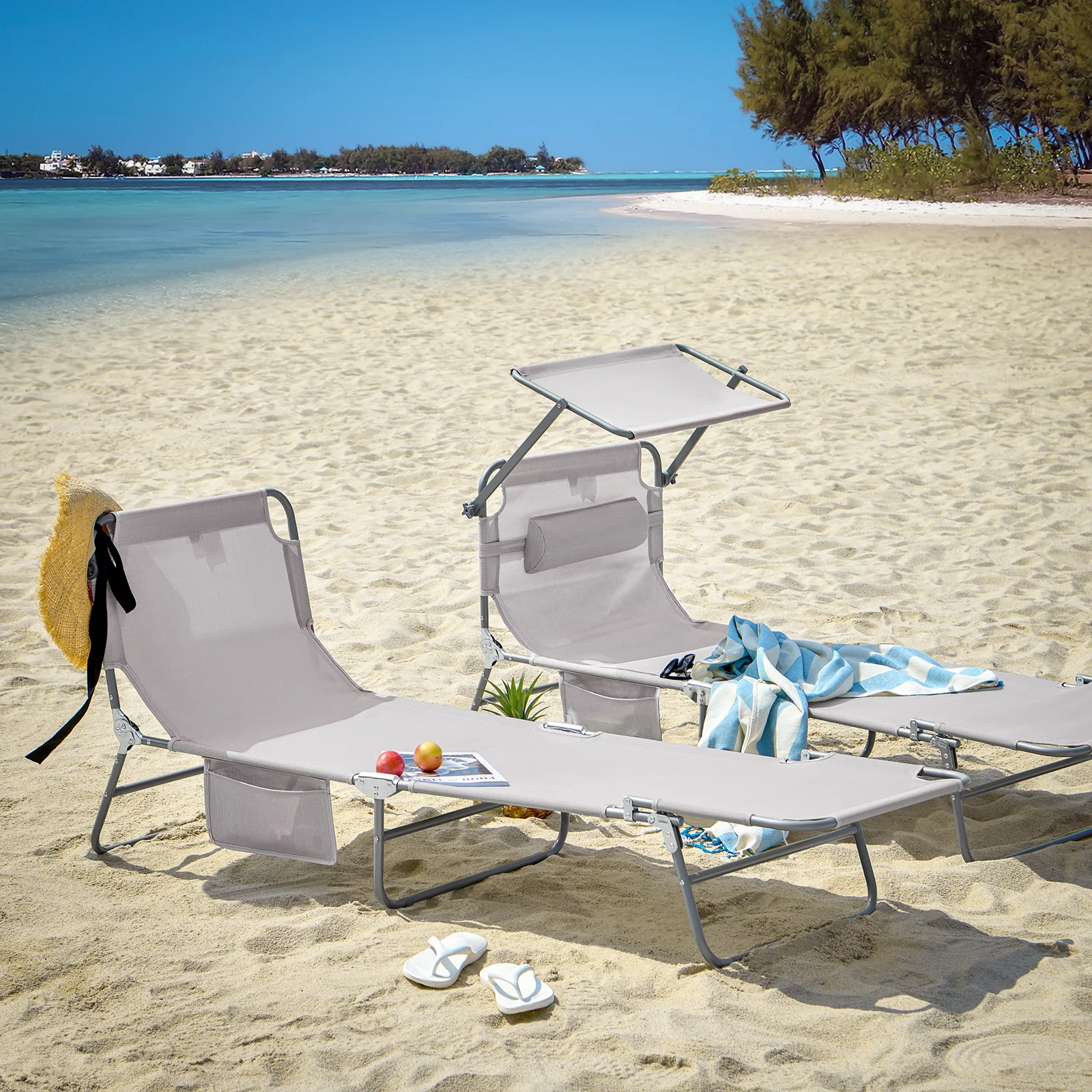 SoBuy OGS48-MIx2 Set de 2 Tumbonas Plegables con Respaldo Reclinable y Parasol - Image 5