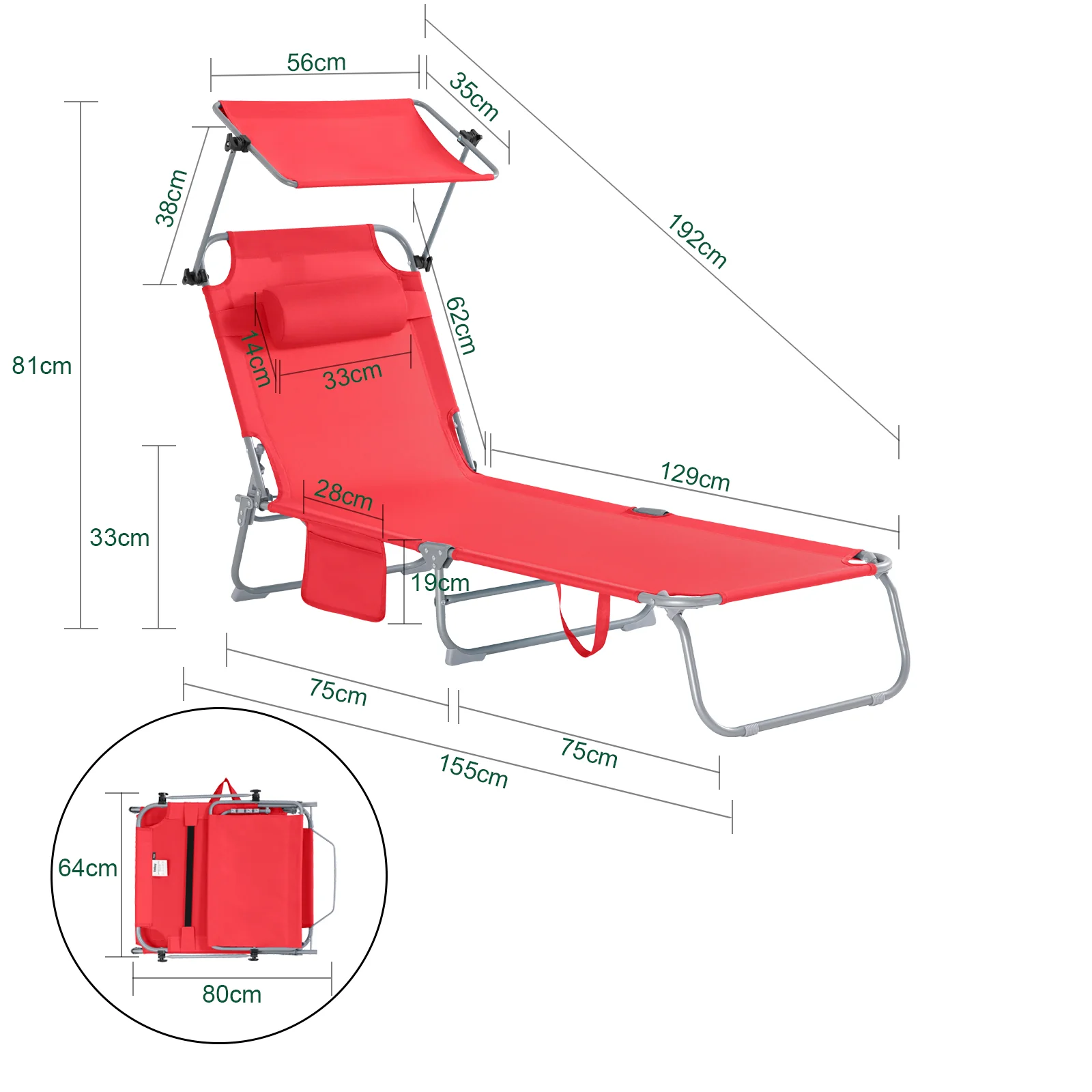 SoBuy OGS48-R Tumbona Plegable con Respaldo Reclinable y Parasol - Image 3