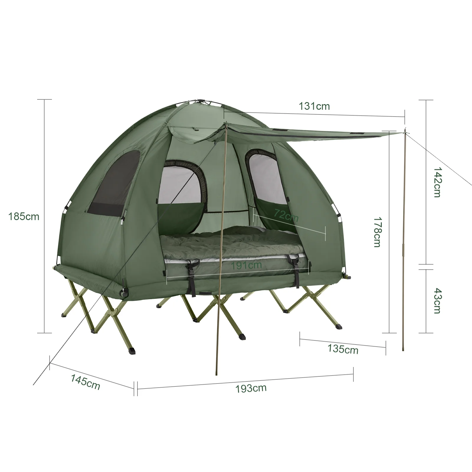 SoBuy OGS61-L-GR Tienda 4 en 1 Práctica para 2 Personas Cama de campaña Litera Verde 193 x 145 x 185 cm - Image 3
