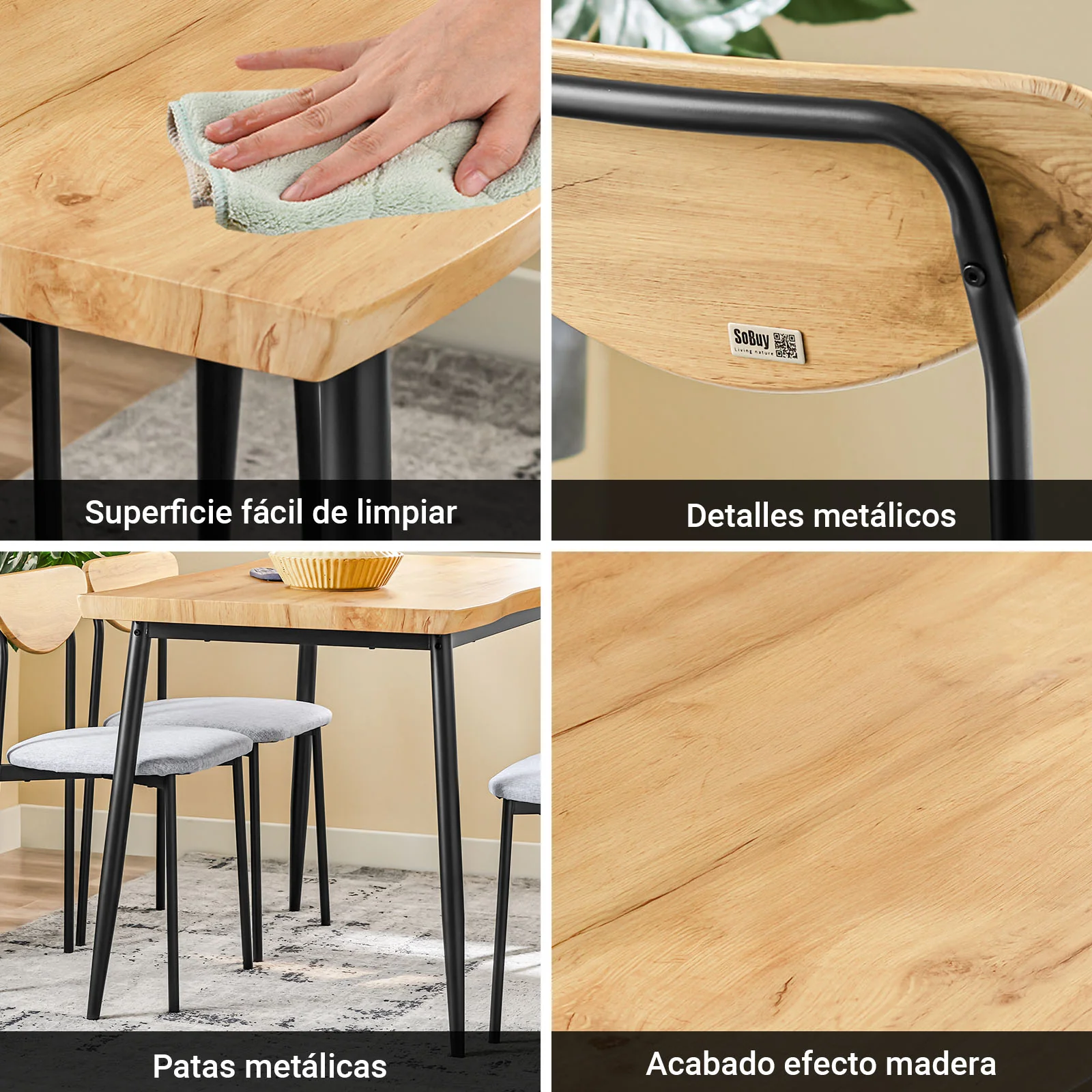 SoBuy OGT52-N Conjunto Mesa Cocina 5 Piezas con 4 Sillas Cómodas para Comedor Balcón - Image 5