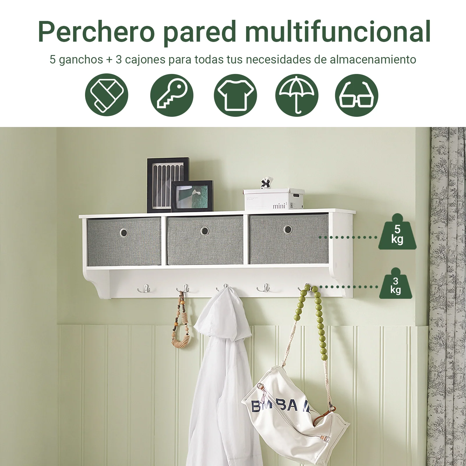 SoBuy FRG282-W Perchero con 5 Ganchos y 3 cajones Blanco y Gris - Image 5