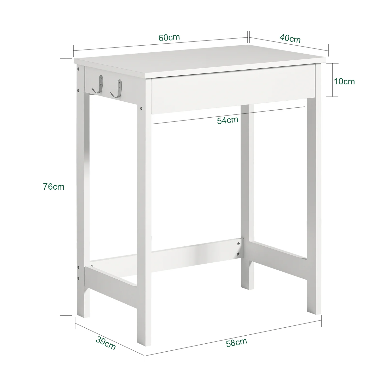 SoBuy FWT43-W Mesa de escritorio con un cajón y 2 ganchos Blanco 60x40x76 cm - Image 4
