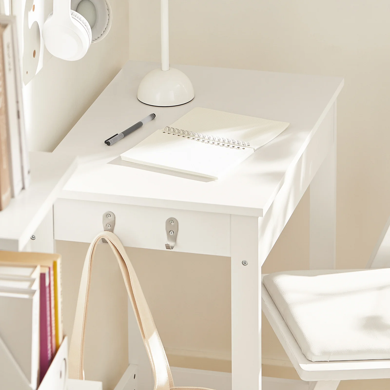 SoBuy FWT43-W Mesa de escritorio con un cajón y 2 ganchos Blanco 60x40x76 cm - Image 8