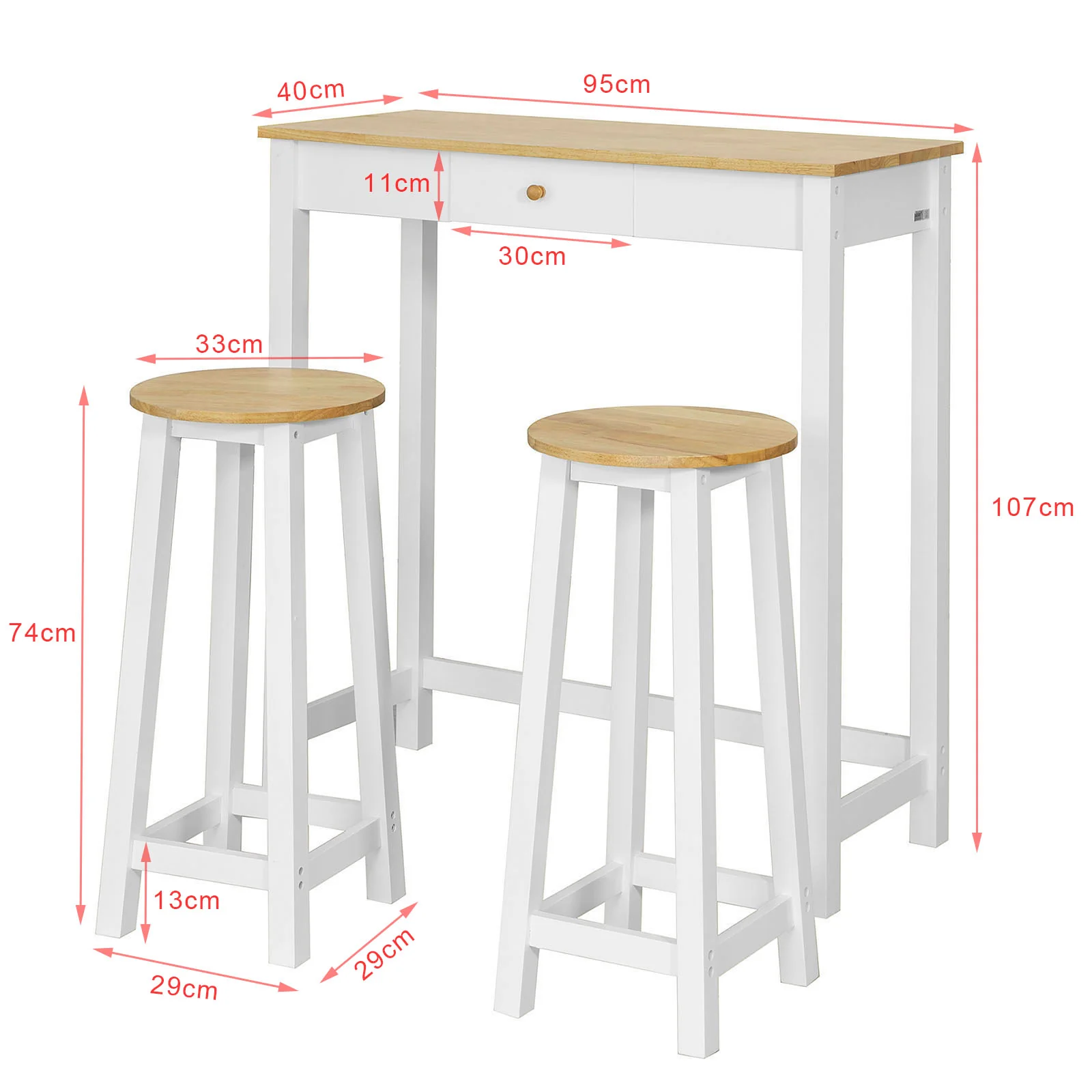SoBuy FWT50-WN Set Mesa Alta de Bar 95cm y 2 Taburetes con Reposapiés Blanco Natural - Image 3