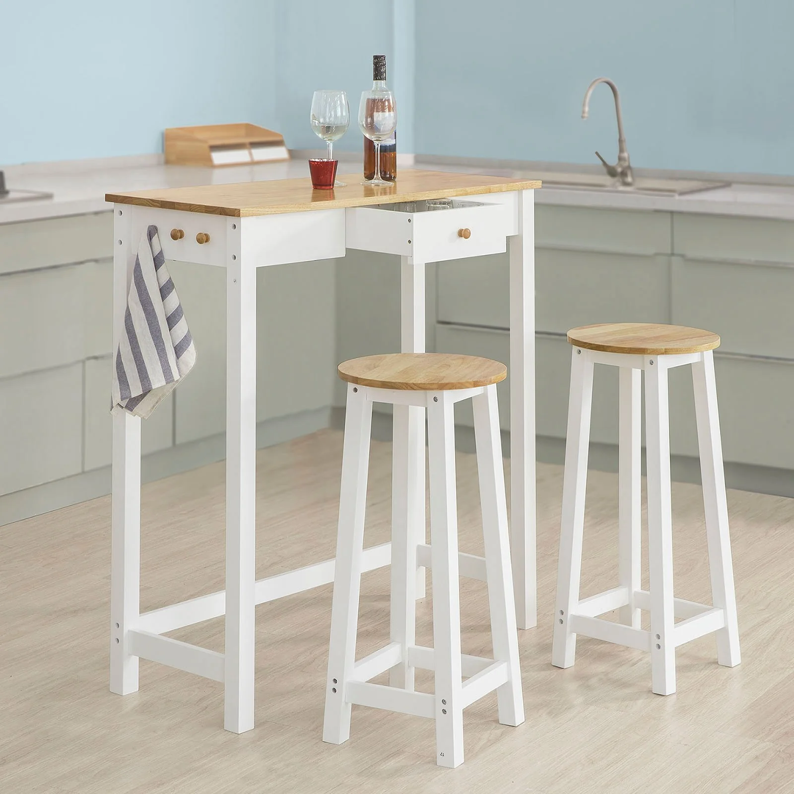 SoBuy FWT50-WN Set Mesa Alta de Bar 95cm y 2 Taburetes con Reposapiés Blanco Natural - Image 4