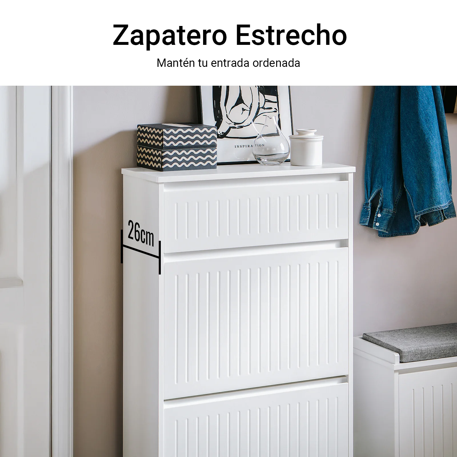 SoBuy FSR165-W Zapatero Estrecho 26cm para Entrada con Cajón y 2 Solapas Blanco - Image 4