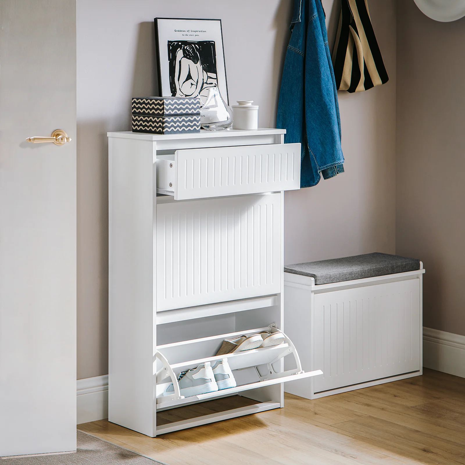 SoBuy FSR165-W Zapatero Estrecho 26cm para Entrada con Cajón y 2 Solapas Blanco - Image 9